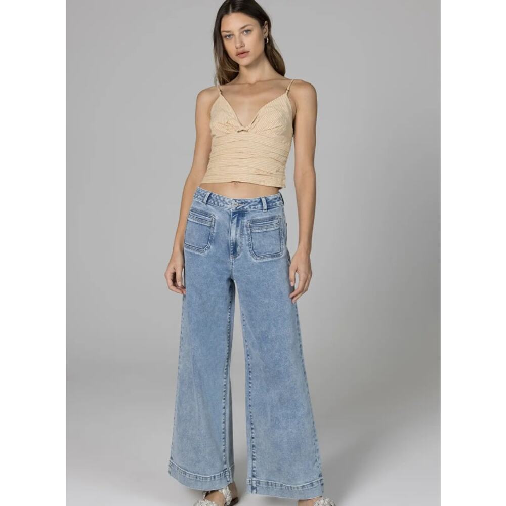 CEROS Light Wash Wide Leg Jeans – Size 30 – Patch Pockets Raw Hem Casual Denim